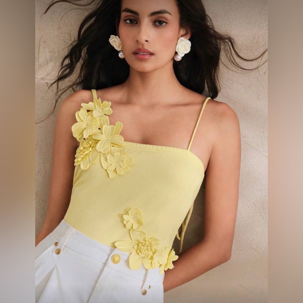 Yellow Floral Embellished Women's Top